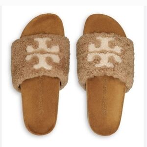 Tory Burch Double T Shearling Platform Slides in Good Condition